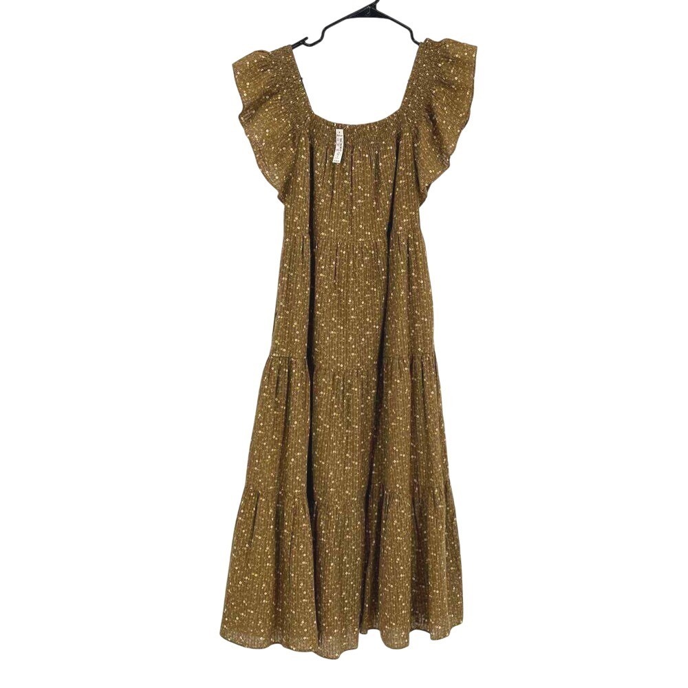 New Madewell Midi Dress Women Small Ruffle Prairie Cottagecore Brown Floral Boho - Picture 2 of 11